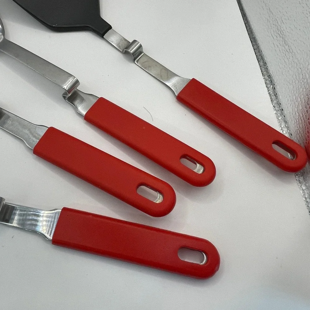 4 Pc Kitchen Utensil Set Red Retro Pot Rest Stainless Steel 4pc